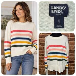 Lands End Drifter Sweater Jumper Sz S Neutral Rainbow Stripe Cotton Crewneck